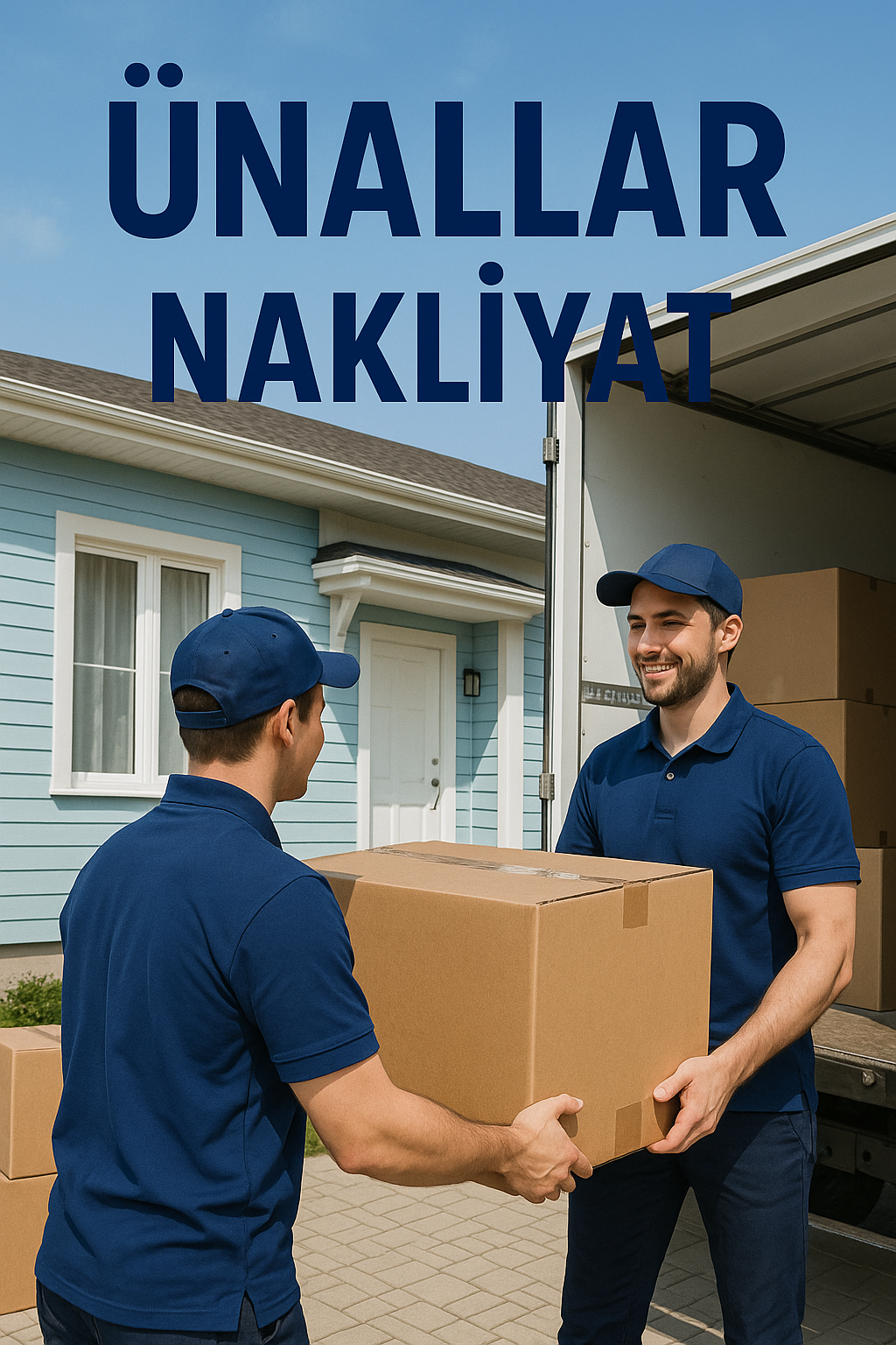 İki Ünallar Nakliyat çalışanı, evin önünde büyük bir koli taşırken görülüyor; arka planda açık mavi renkte bir ev ve taşımacılık kamyonu yer alıyor.</p>
<p>